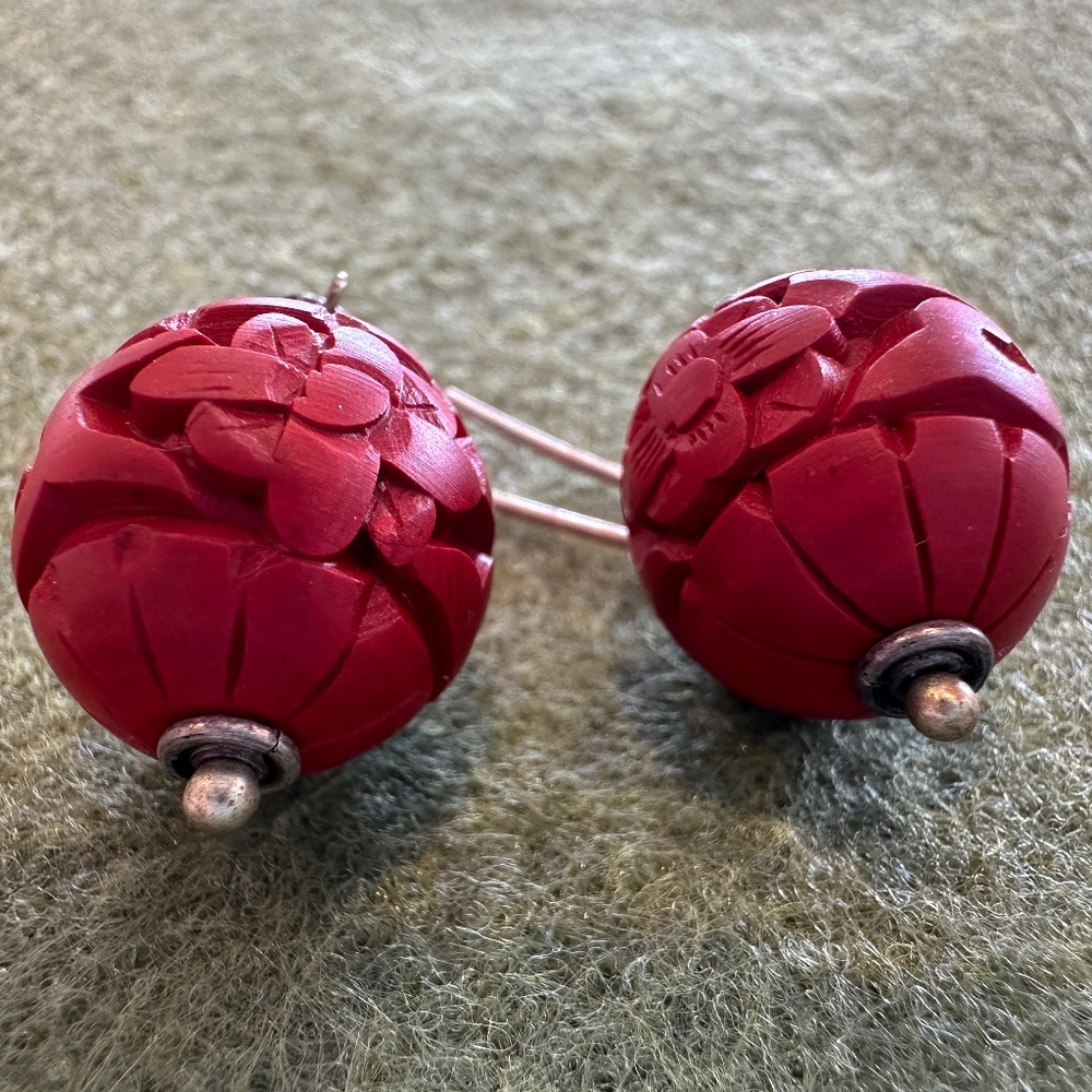 Red Lacquer Carved Cinnabar Chinese Earrings
